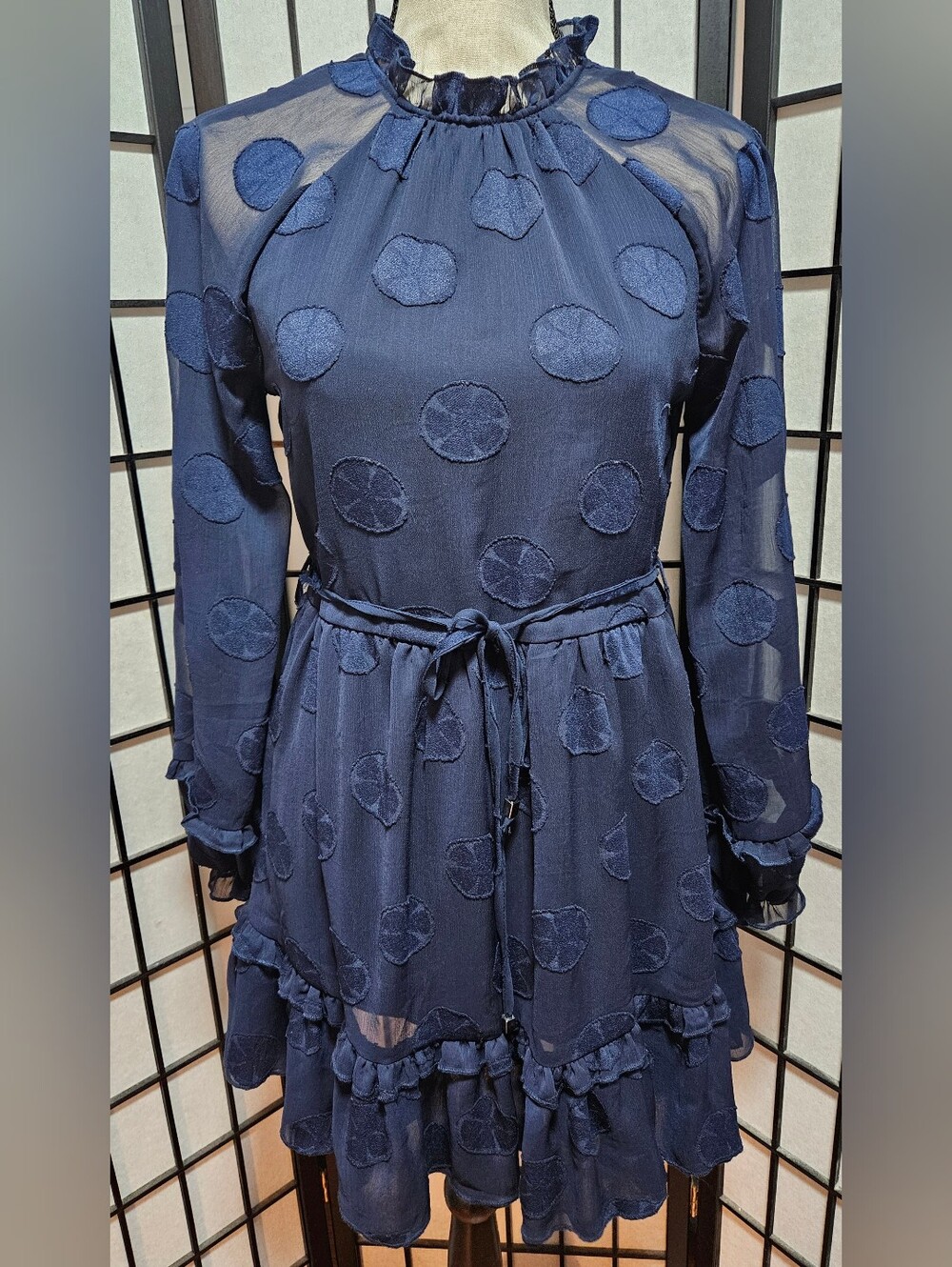 Selfie Leslie XS Navy Tracee High Neckline Sheer Sleeve Polka Dot Mini Dress